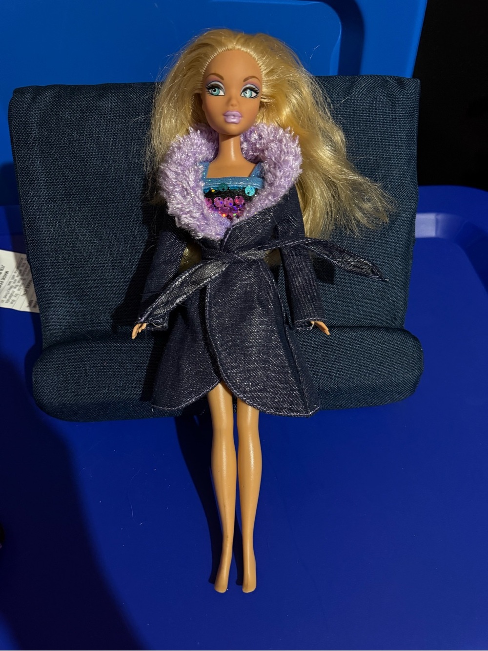 My Scene Barbie in Black Doll Trench Coat with Purple faux fur collar & more!